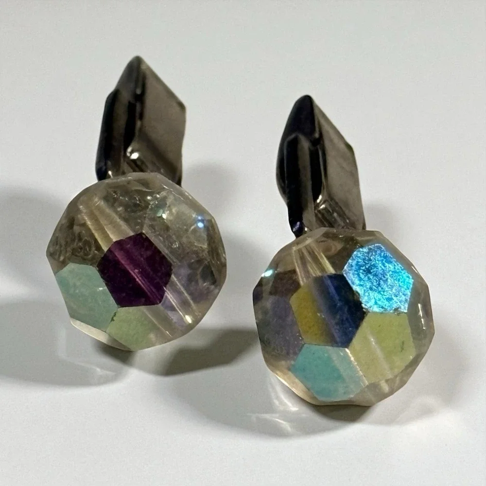 VTG Crystal Cufflinks Faceted‎ Aurora Borealis AB Coated Formal Wear Classic